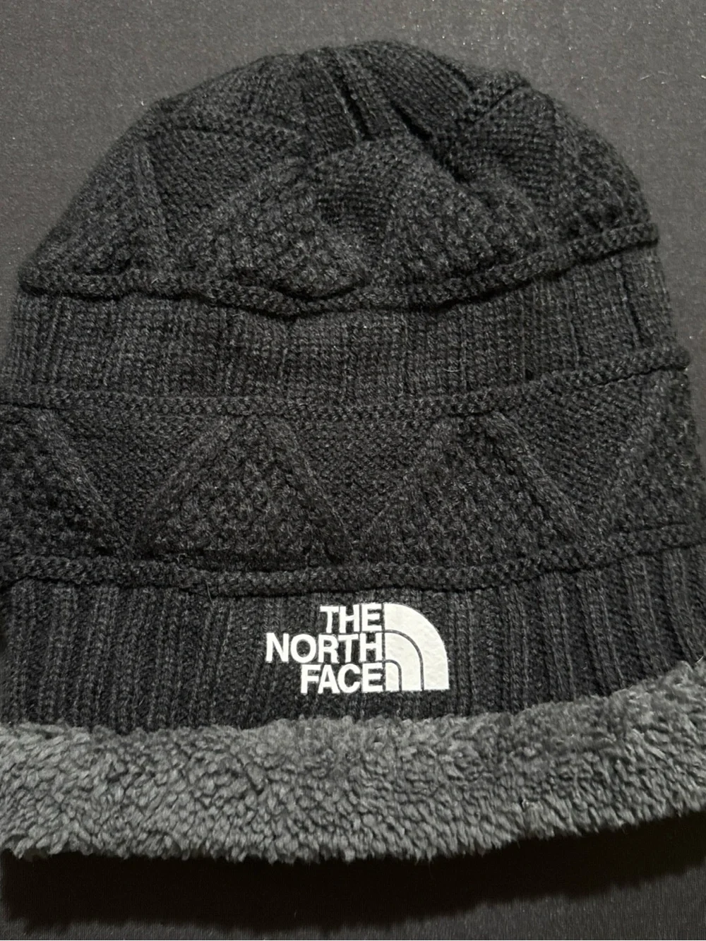 The North Face Black Knit Logo Beanie with Sherpa Trim